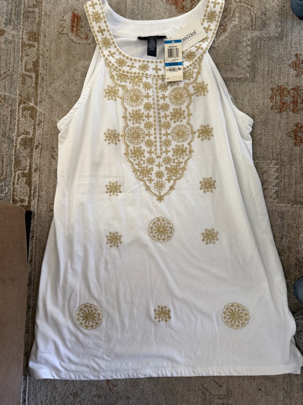 INC International Concepts White Tunic with Gold Embroidery